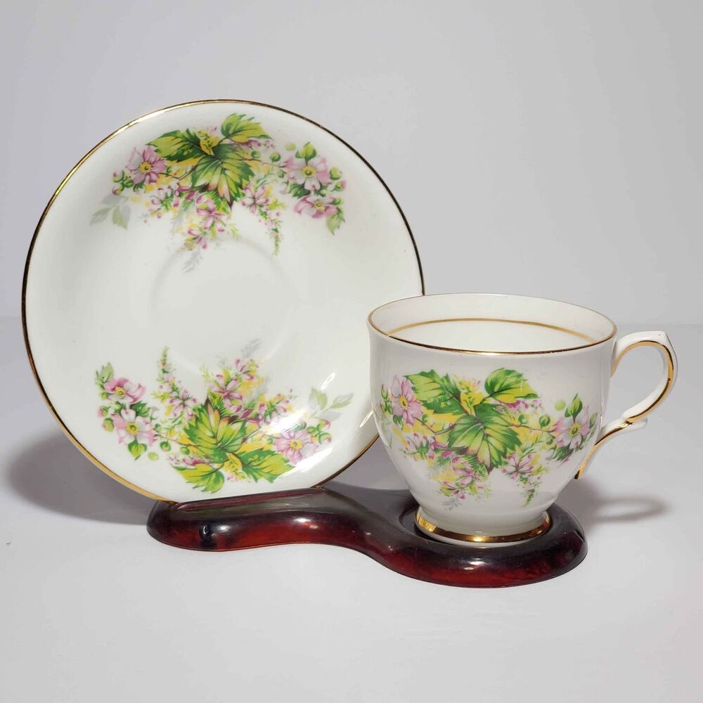 Clare Teacup and Saucer Pink Flowers Leaves Vintage
